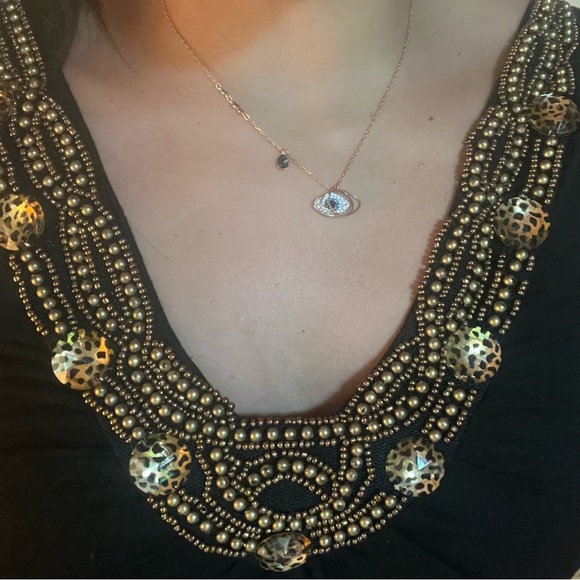 Stunning embellished babydoll deep scoop neck black blouse with gold beads-large - Picture 2 of 7